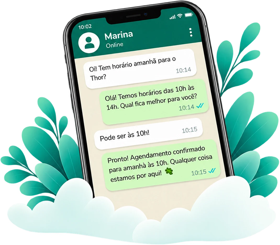 Exemplo de conversa no WhatsApp: a cliente pergunta se tem horário amanhã para o Thor, o atendimento oferece 10h ou 14h e confirma o agendamento para as 10h