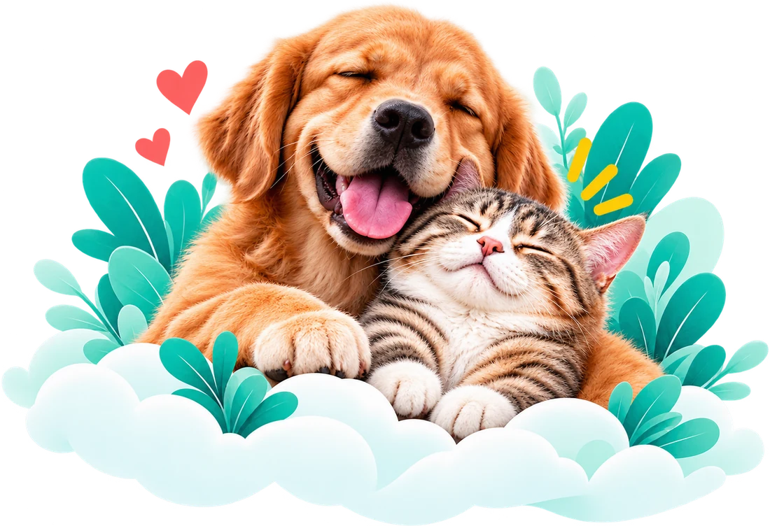 Cachorro golden e gato rajado abraçados, de olhos fechados